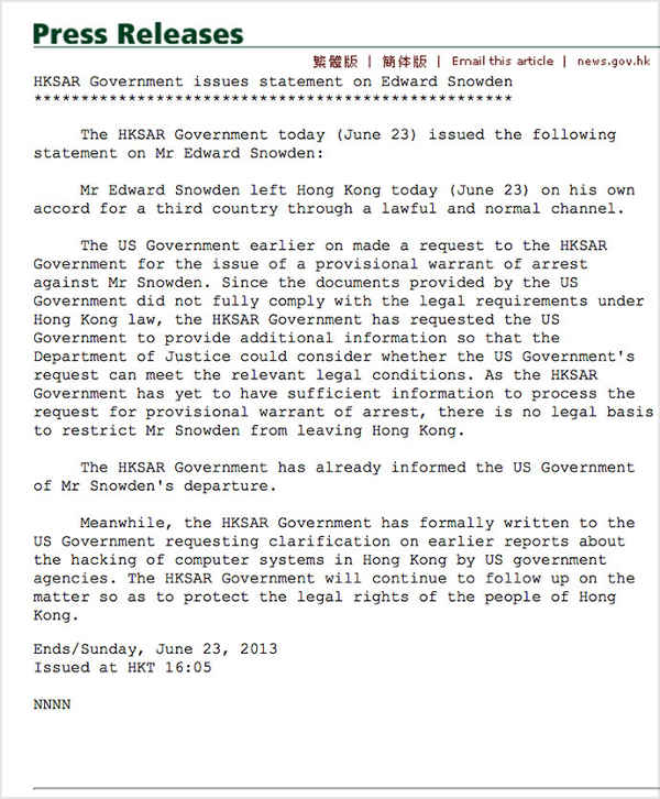 Edward Snowden Press Release